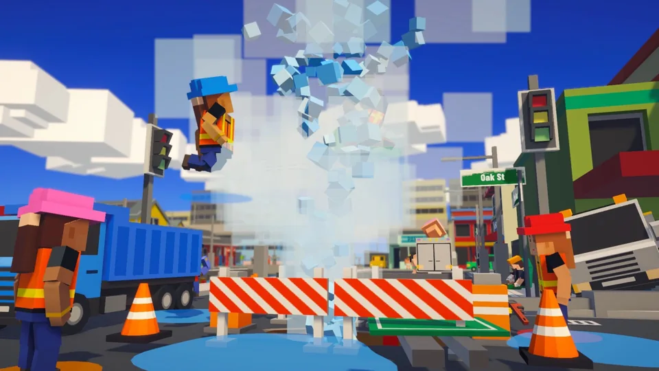 A crew member launched into the air by a burst hydrant while coworkers look on