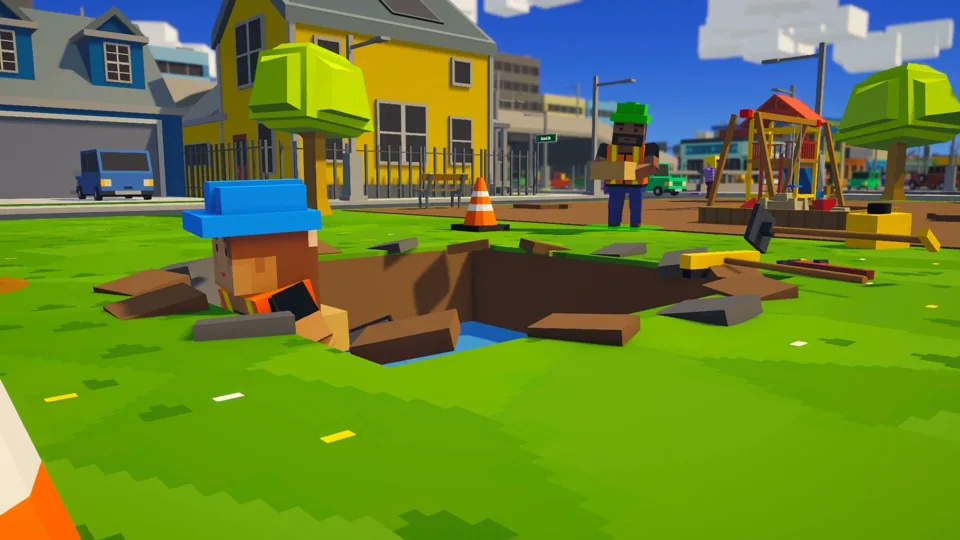 A crew member standing by a sinkhole in a colorful town park surrounded by houses